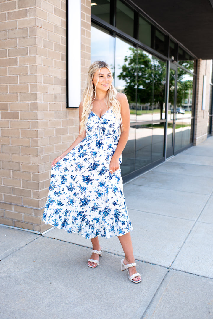 Honeymoon Bloom Midi Dress (Ivory/Blue)