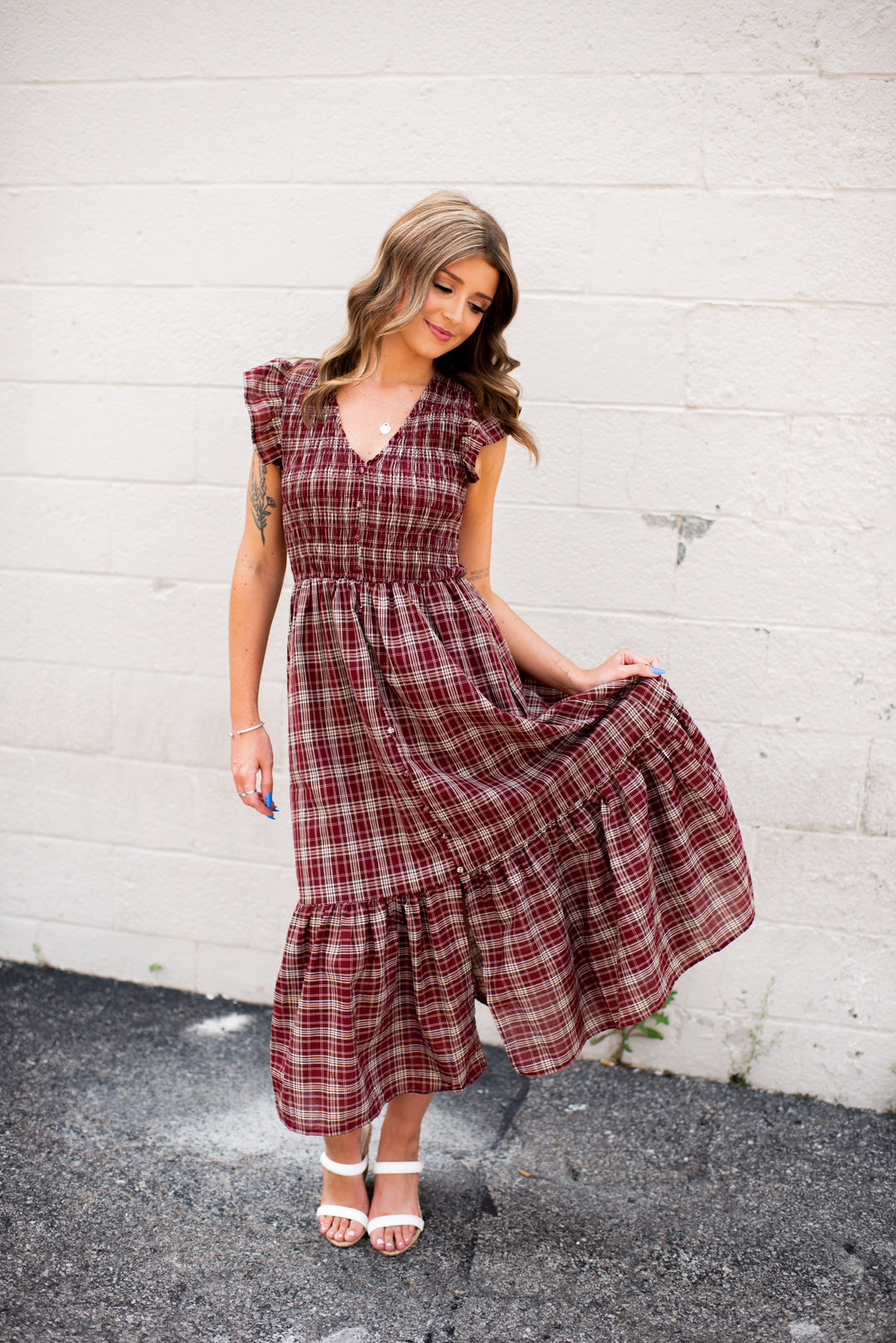 Trinity Plaid Midi Dress (Burgundy)