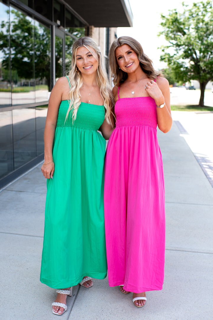 Pom Pom Smocked Maxi Dress (Hot Pink)