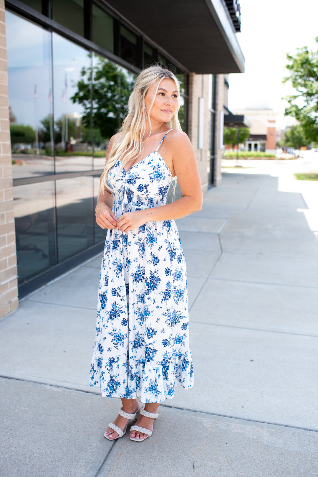 Honeymoon Bloom Midi Dress (Ivory/Blue)