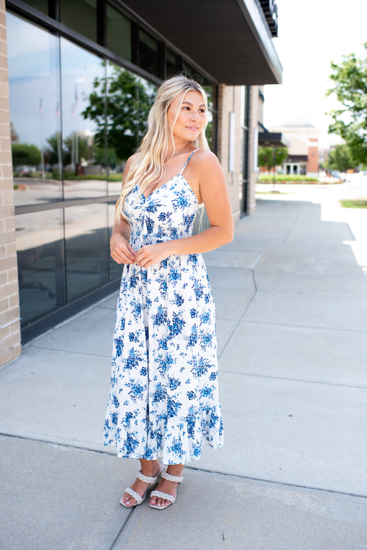 Honeymoon Bloom Midi Dress (Ivory/Blue)