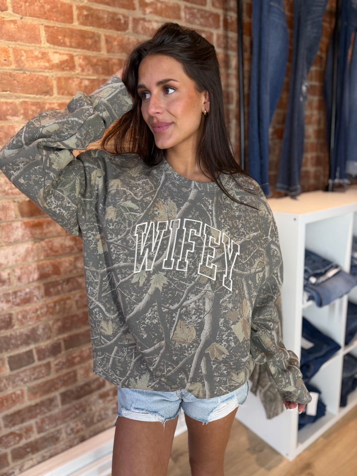 Wifey Camo Embroidered Crewneck