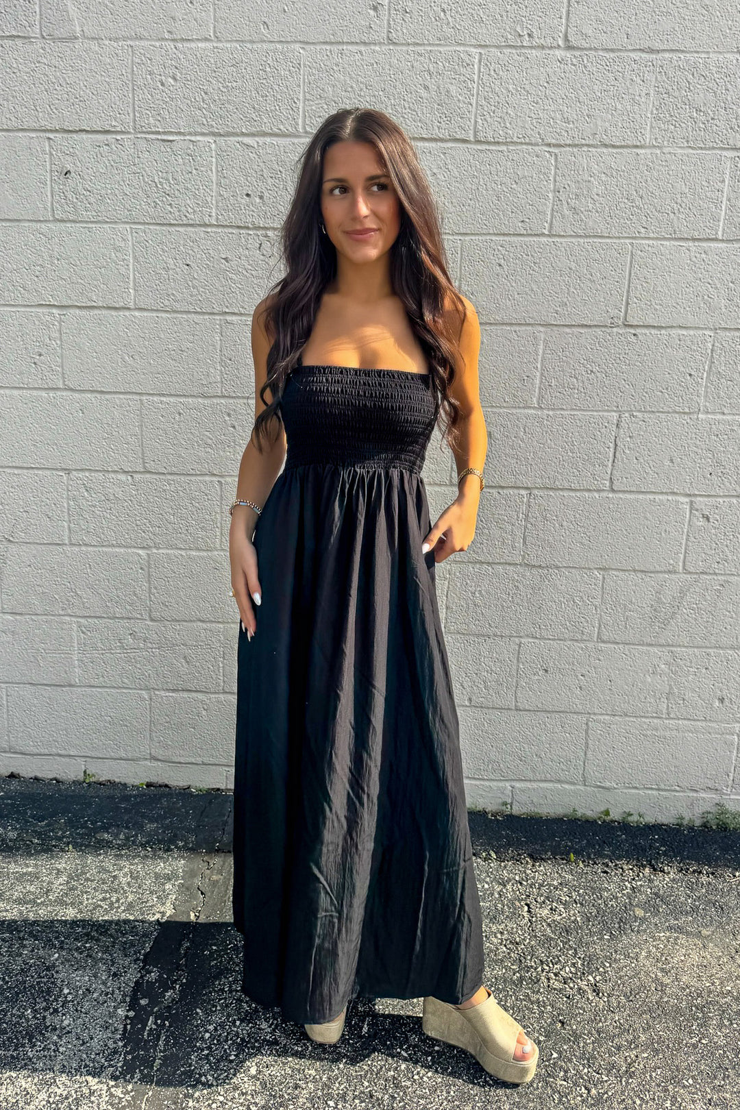 Pom Pom Smocked Maxi Dress (Black)