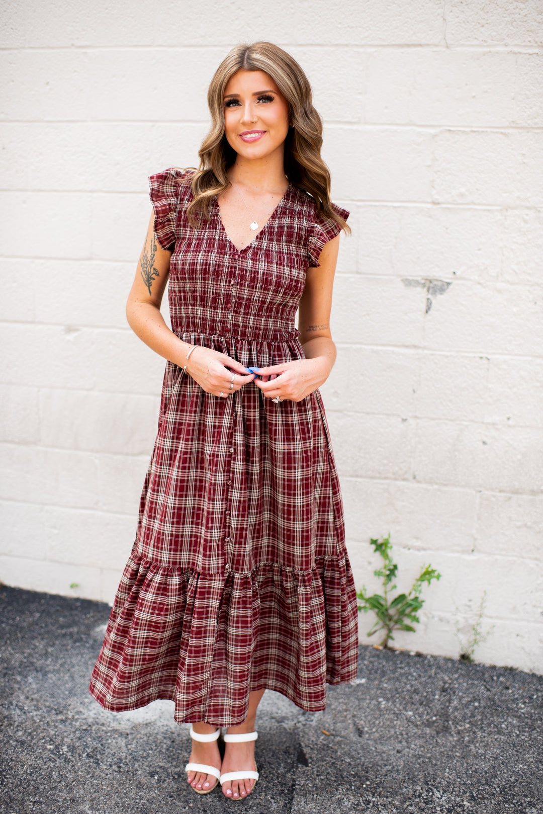 Trinity Plaid Midi Dress (Burgundy)