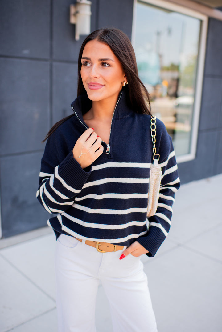 Cozy Coast Quarter Zip Sweater (Navy/Cream)