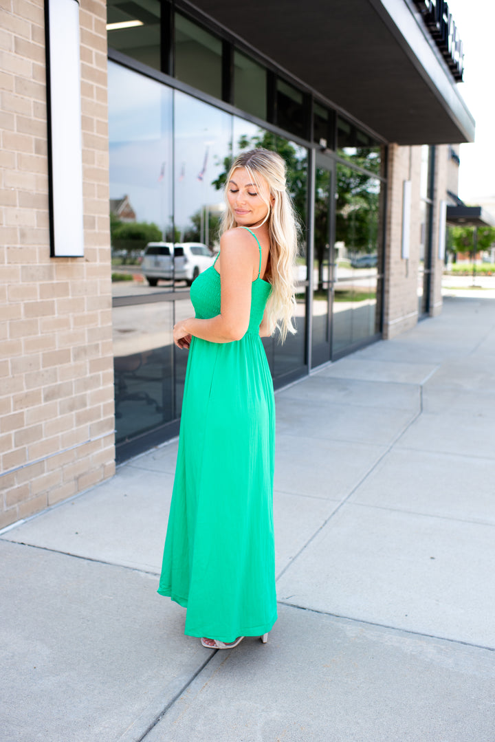 Pom Pom Smocked Maxi Dress (Green)