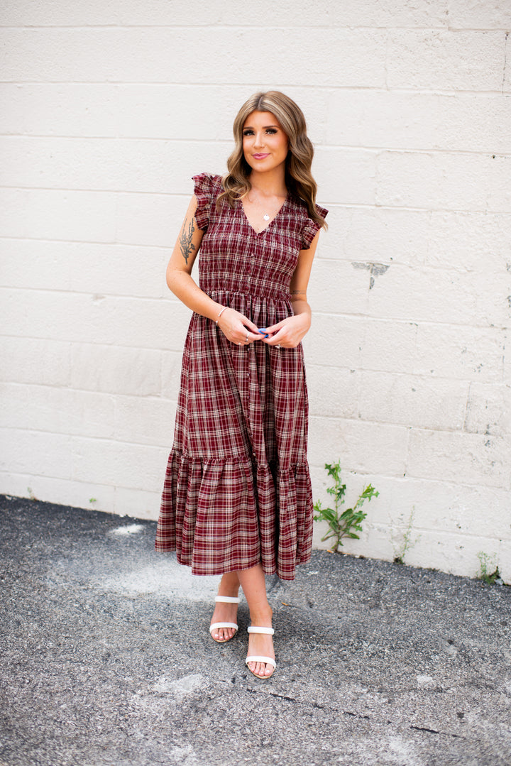 Trinity Plaid Midi Dress (Burgundy)