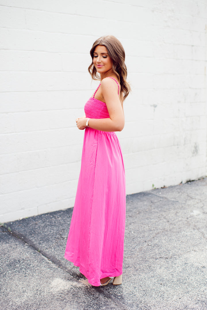 Pom Pom Smocked Maxi Dress (Hot Pink)