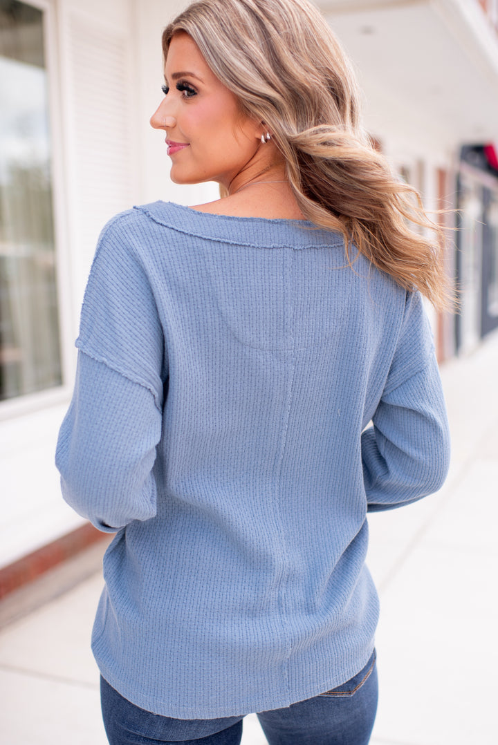 Raw Edge V-Neck Knit Top (Denim)