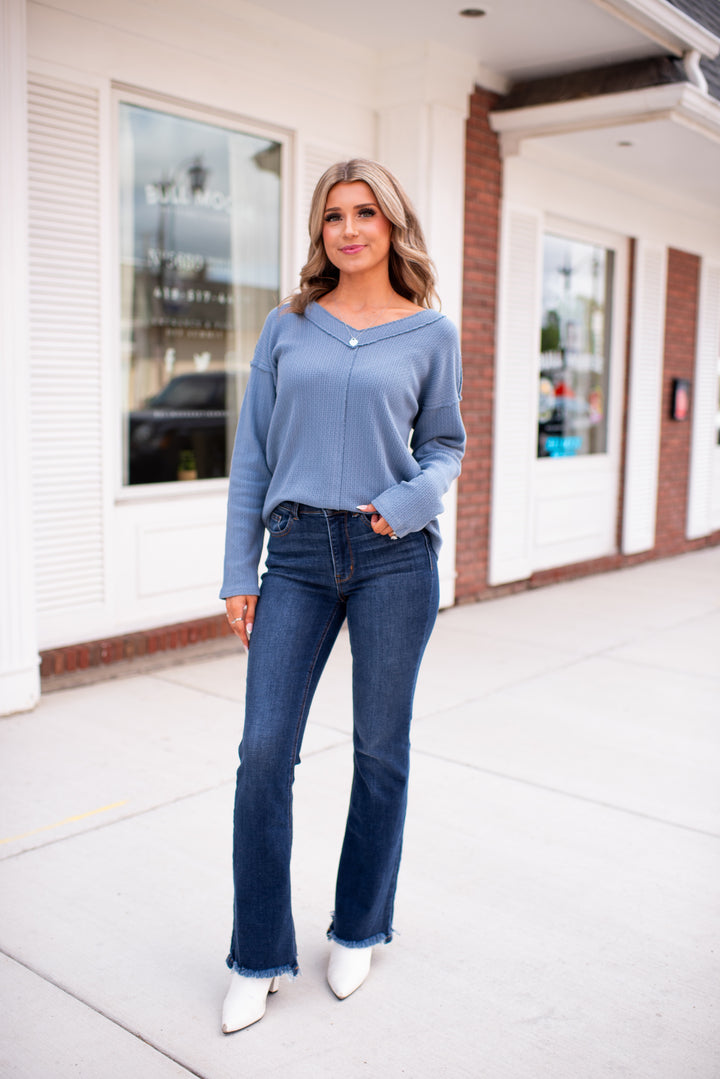 Raw Edge V-Neck Knit Top (Denim)