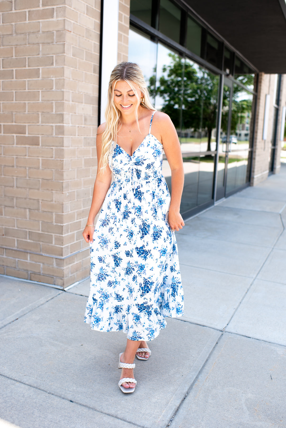 Honeymoon Bloom Midi Dress (Ivory/Blue)