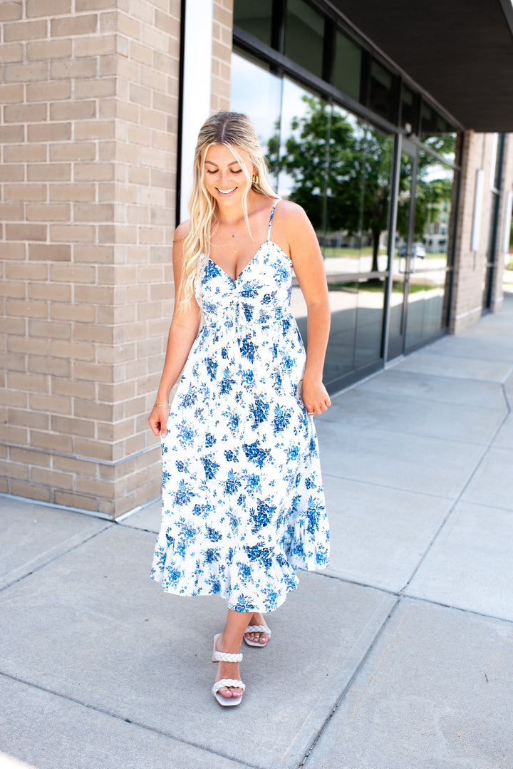 Honeymoon Bloom Midi Dress (Ivory/Blue)