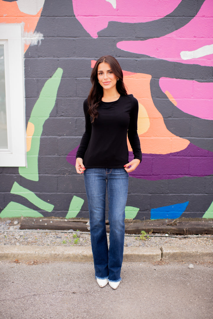 Layered Comfort Fitted Long Sleeve Top (Black)