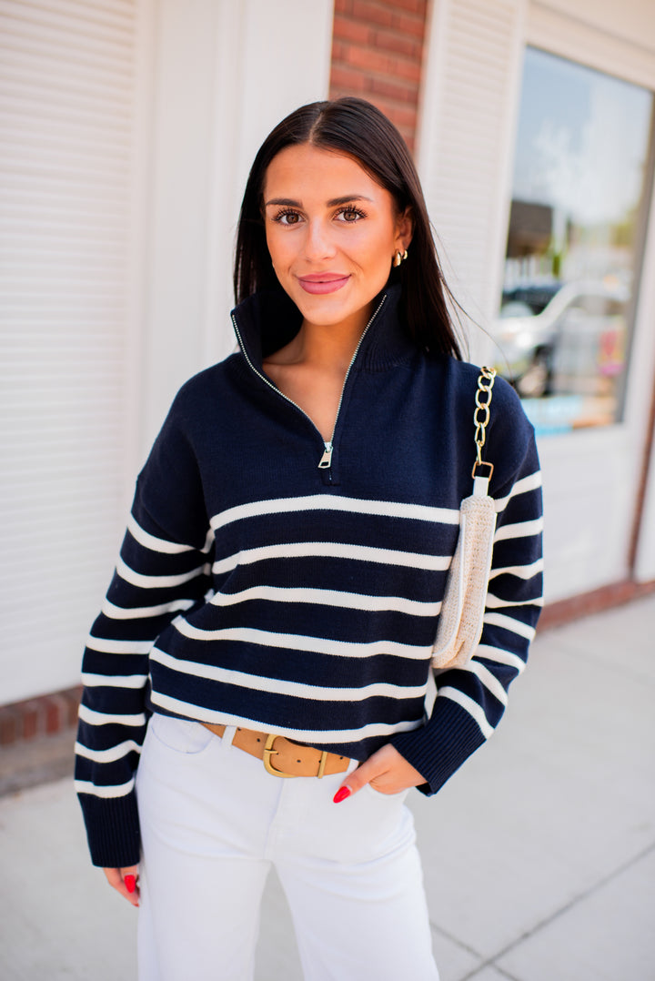 Cozy Coast Quarter Zip Sweater (Navy/Cream)