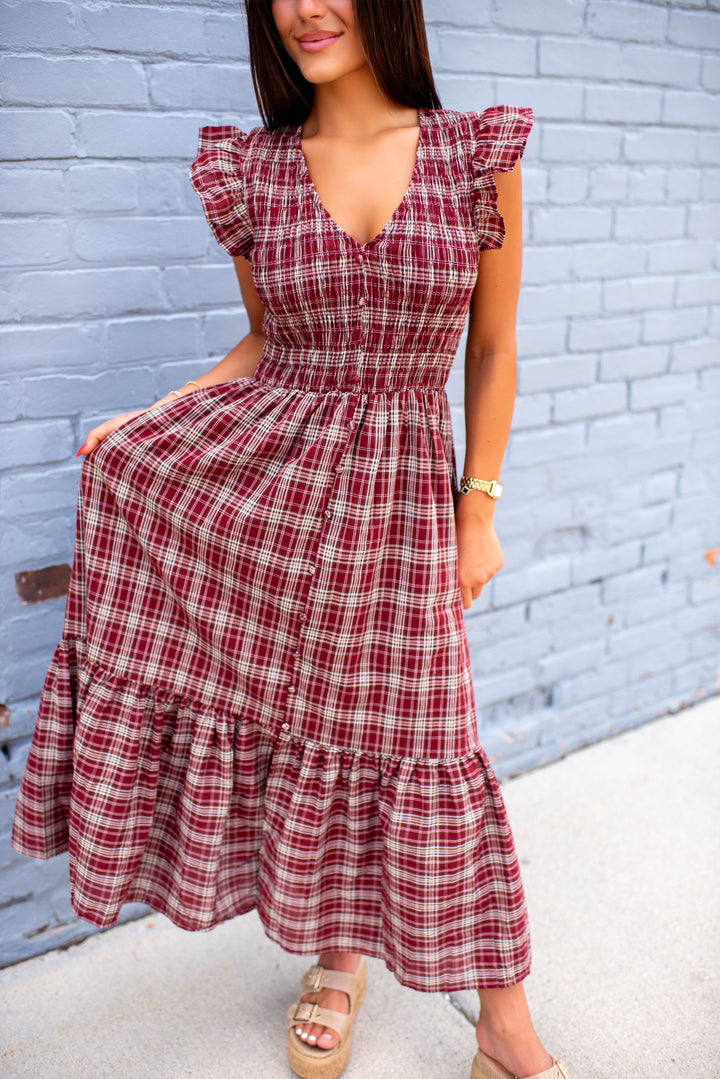Trinity Plaid Midi Dress (Burgundy)