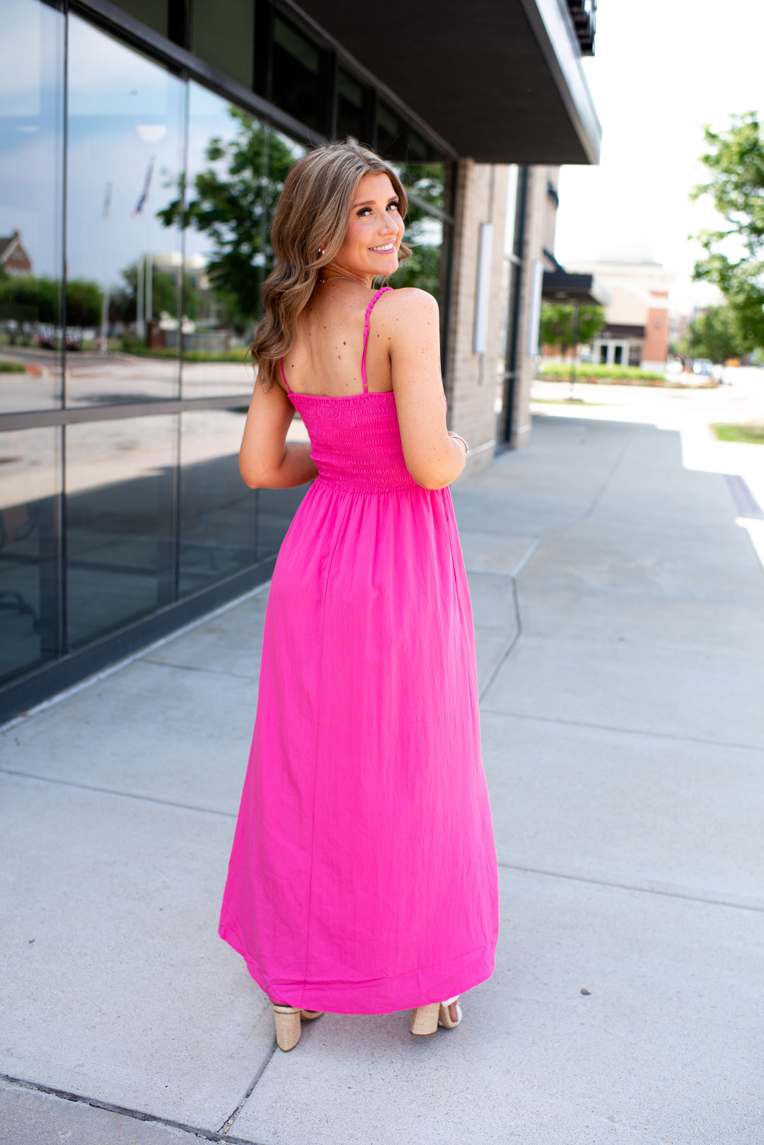 Pom Pom Smocked Maxi Dress (Hot Pink)