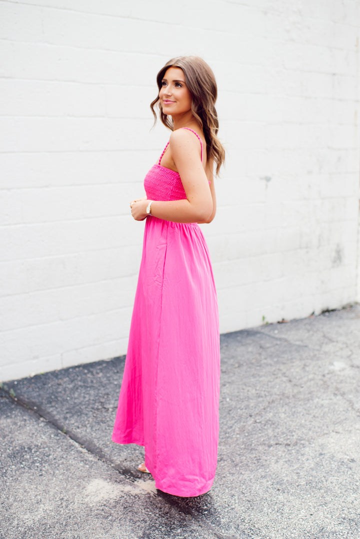 Pom Pom Smocked Maxi Dress (Hot Pink)