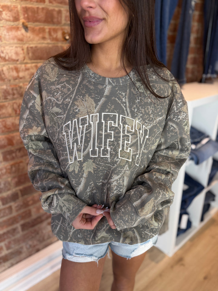 Wifey Camo Embroidered Crewneck