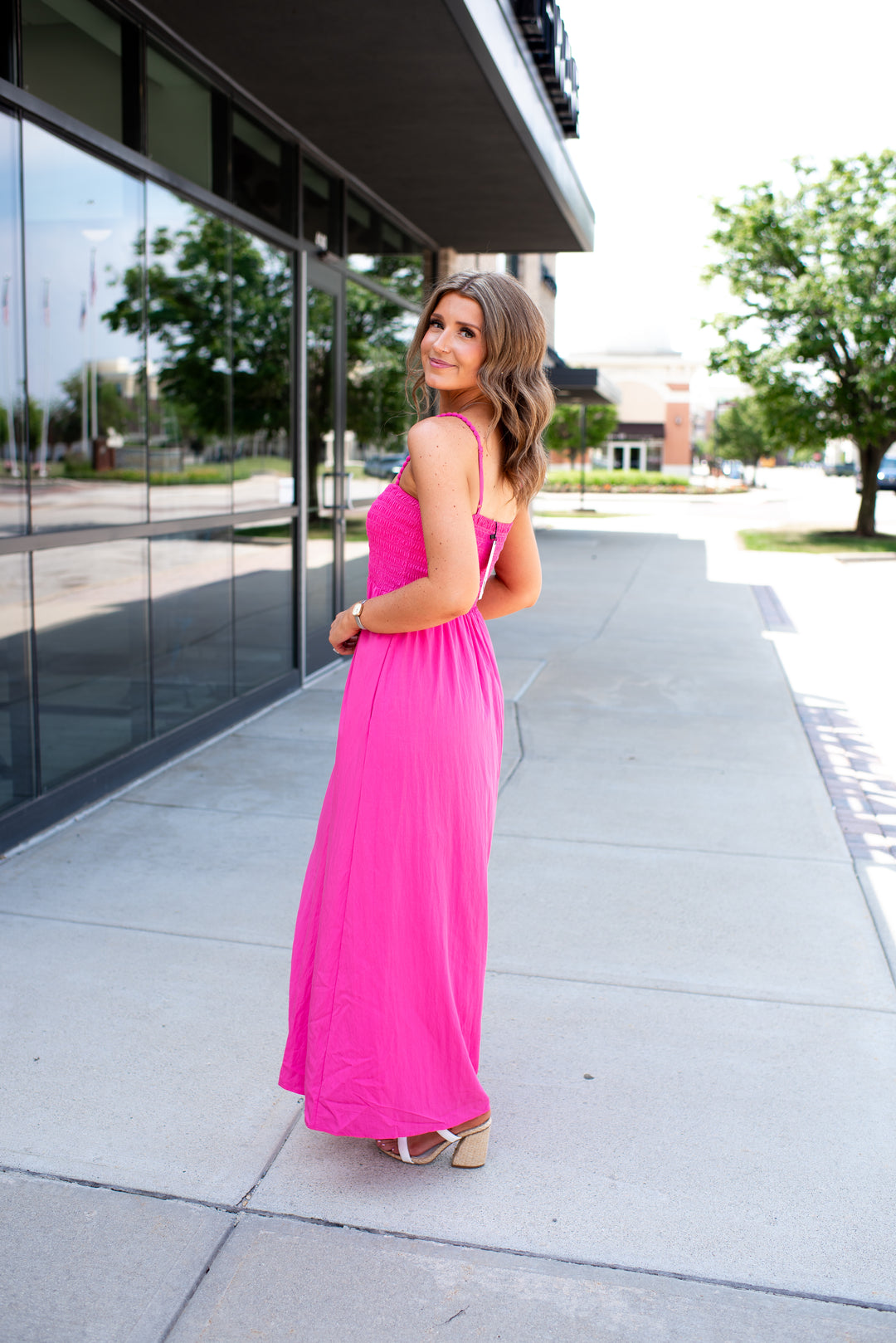 Pom Pom Smocked Maxi Dress (Hot Pink)