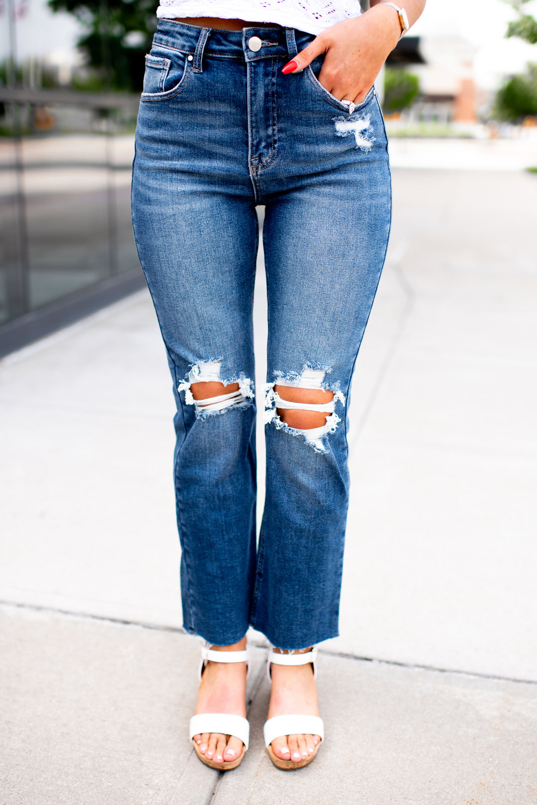 Risen Lylah Distressed Crop Denim (Medium Wash)