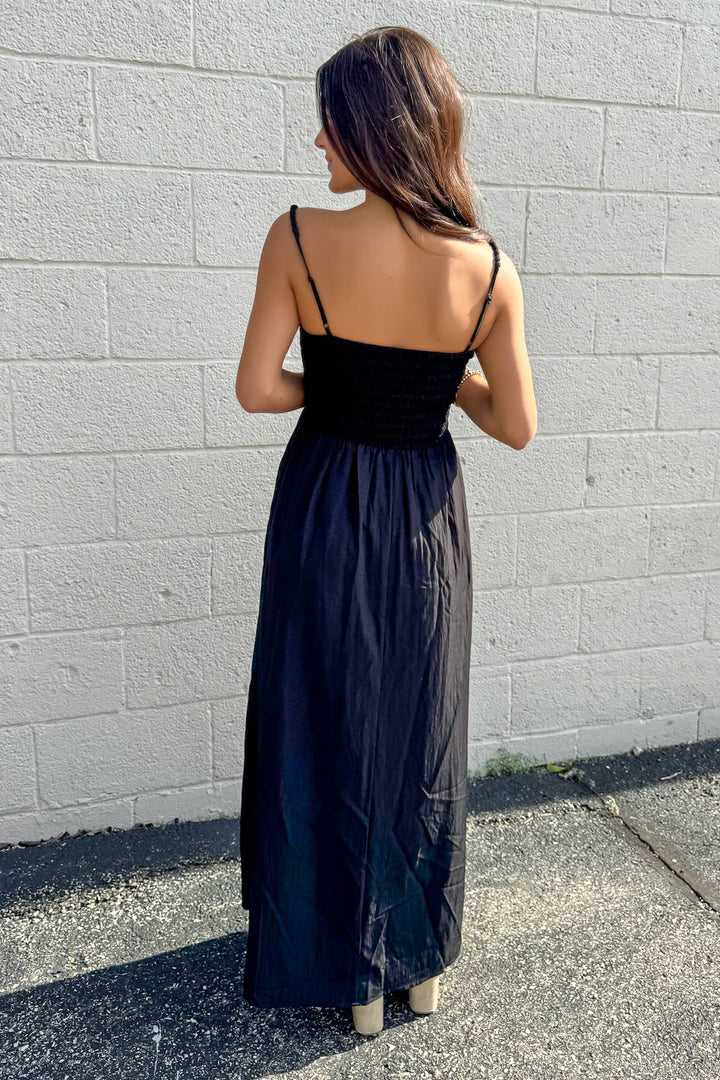 Pom Pom Smocked Maxi Dress (Black)