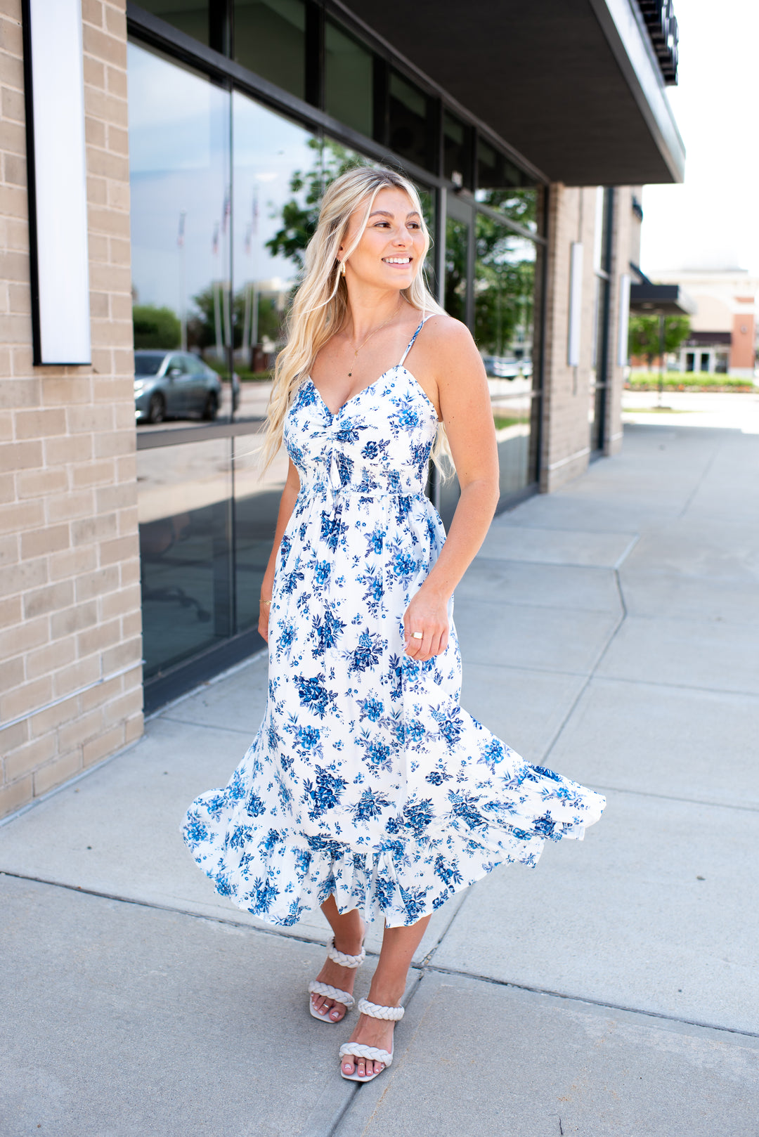Honeymoon Bloom Midi Dress (Ivory/Blue)