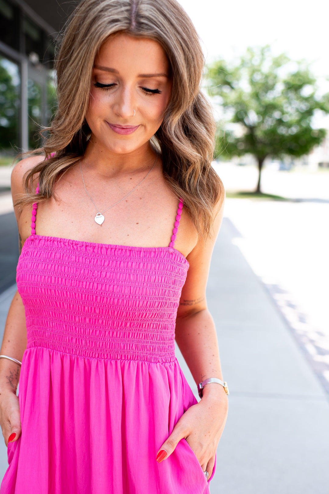 Pom Pom Smocked Maxi Dress (Hot Pink)
