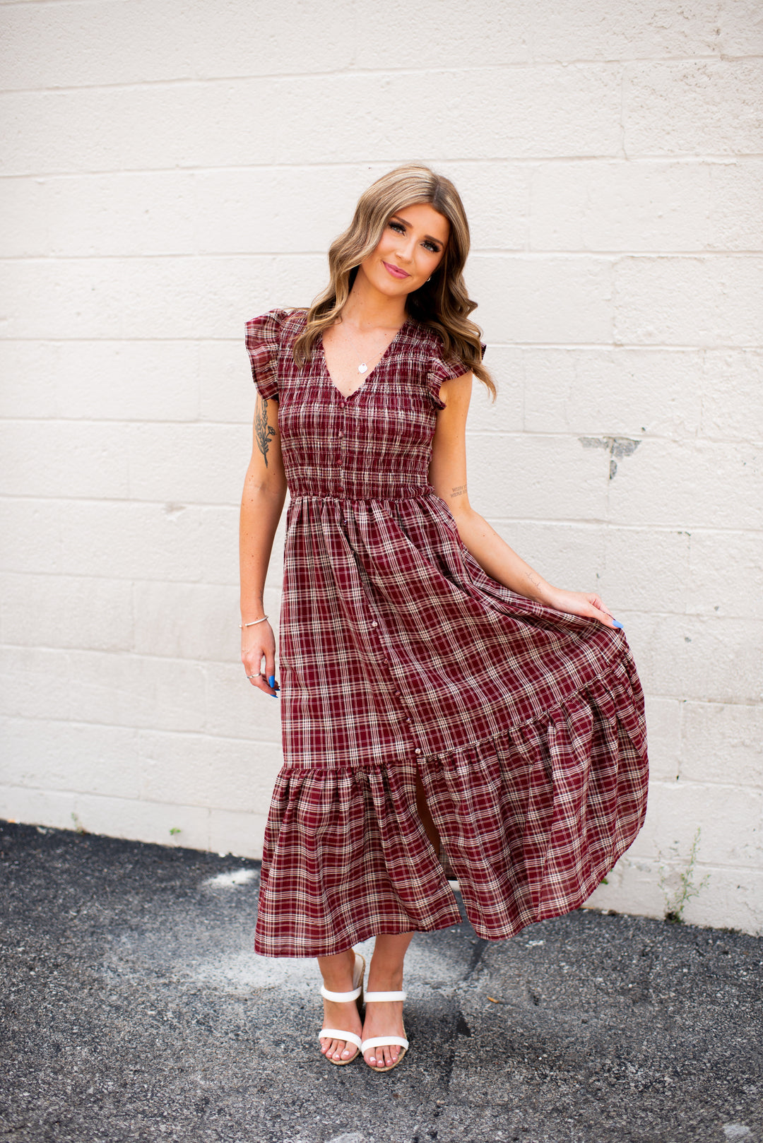 Trinity Plaid Midi Dress (Burgundy)