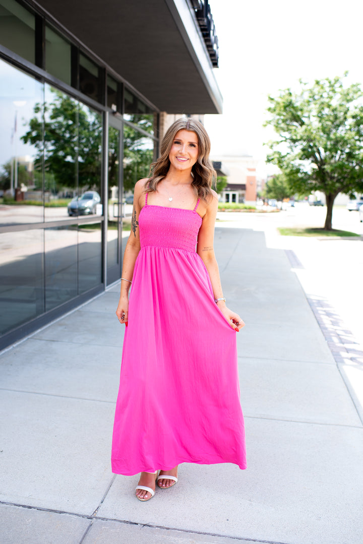 Pom Pom Smocked Maxi Dress (Hot Pink)