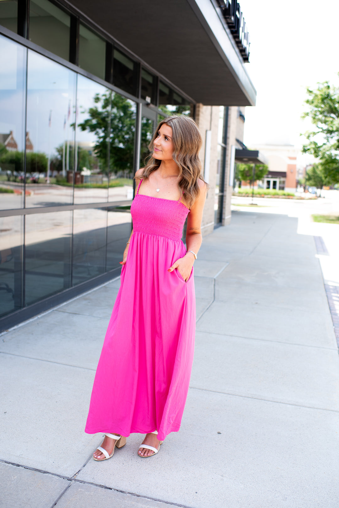 Pom Pom Smocked Maxi Dress (Hot Pink)