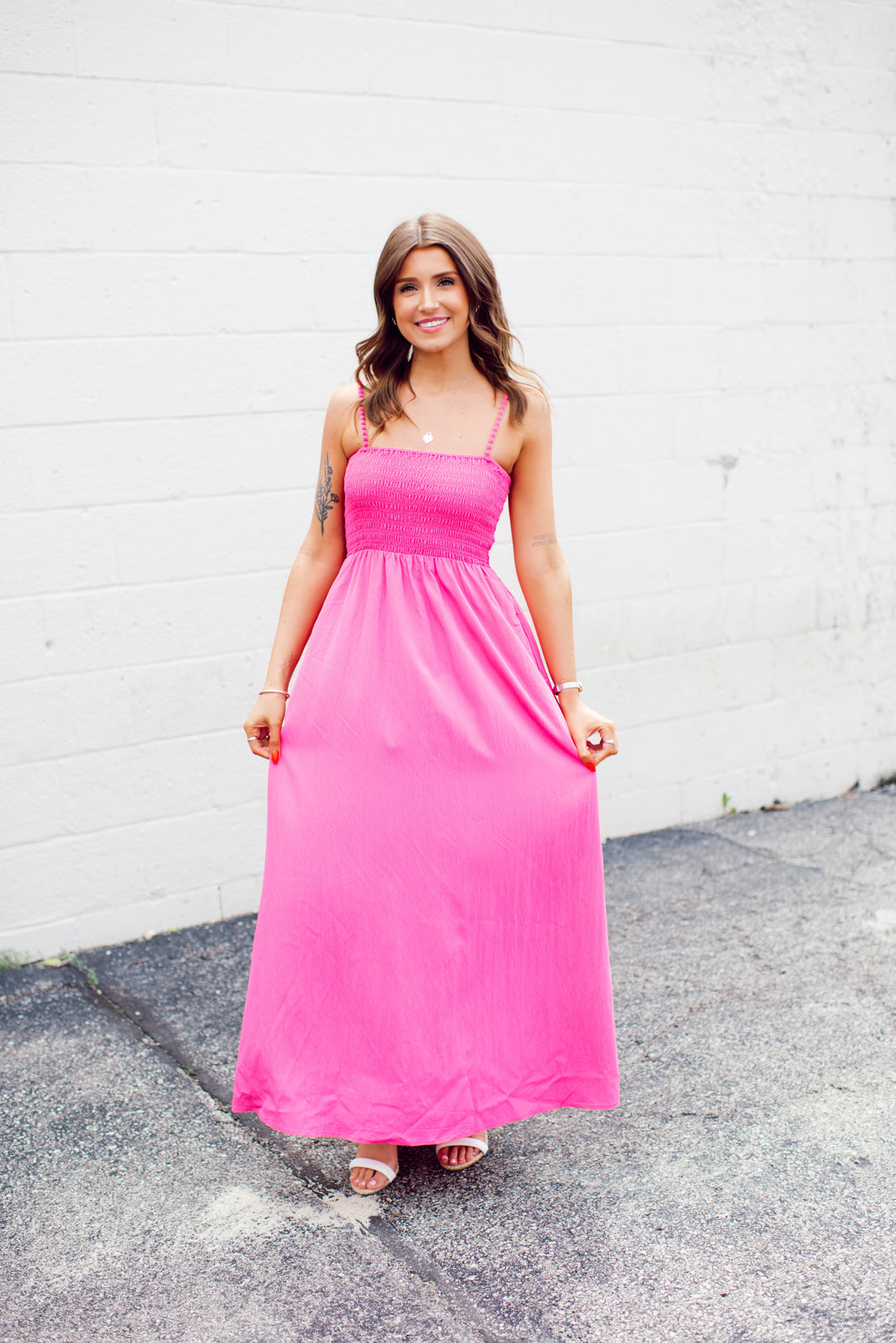 Pom Pom Smocked Maxi Dress (Hot Pink)