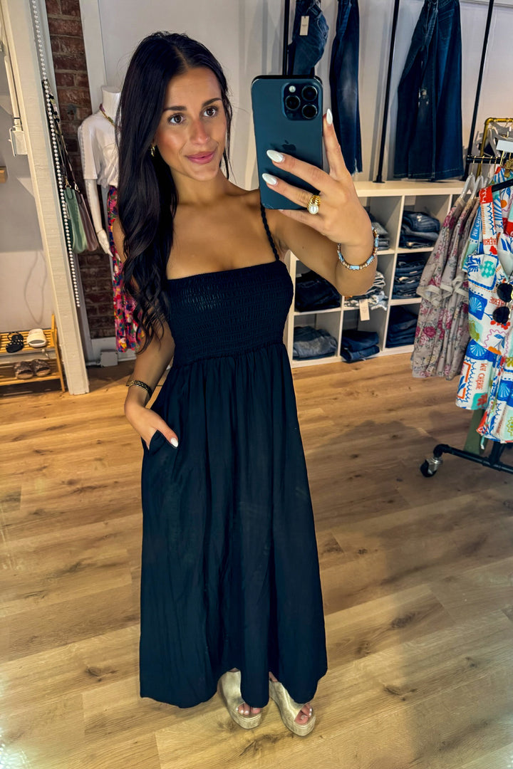 Pom Pom Smocked Maxi Dress (Black)
