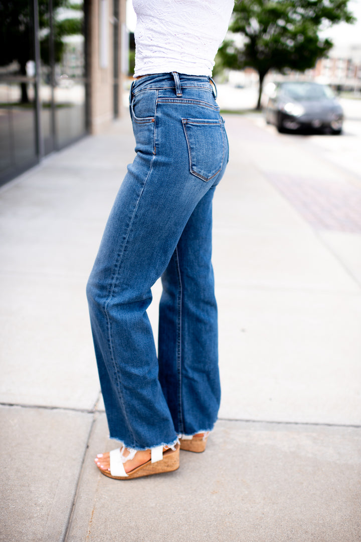Risen Willow Tummy Control Wide Leg Denim (Dark)
