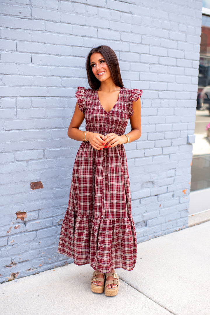Trinity Plaid Midi Dress (Burgundy)