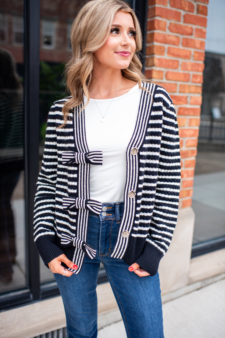 Keep Me Warm Bow Cardigan (Black/Ivory)