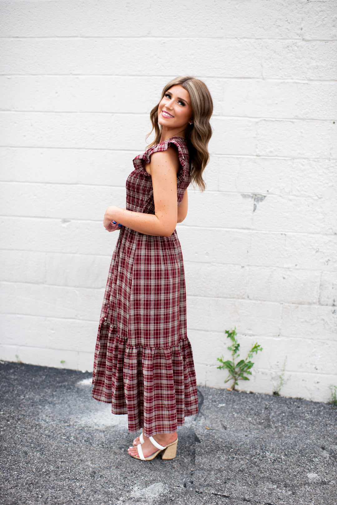 Trinity Plaid Midi Dress (Burgundy)