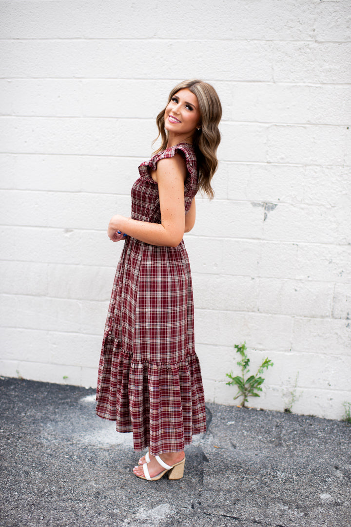 Trinity Plaid Midi Dress (Burgundy)