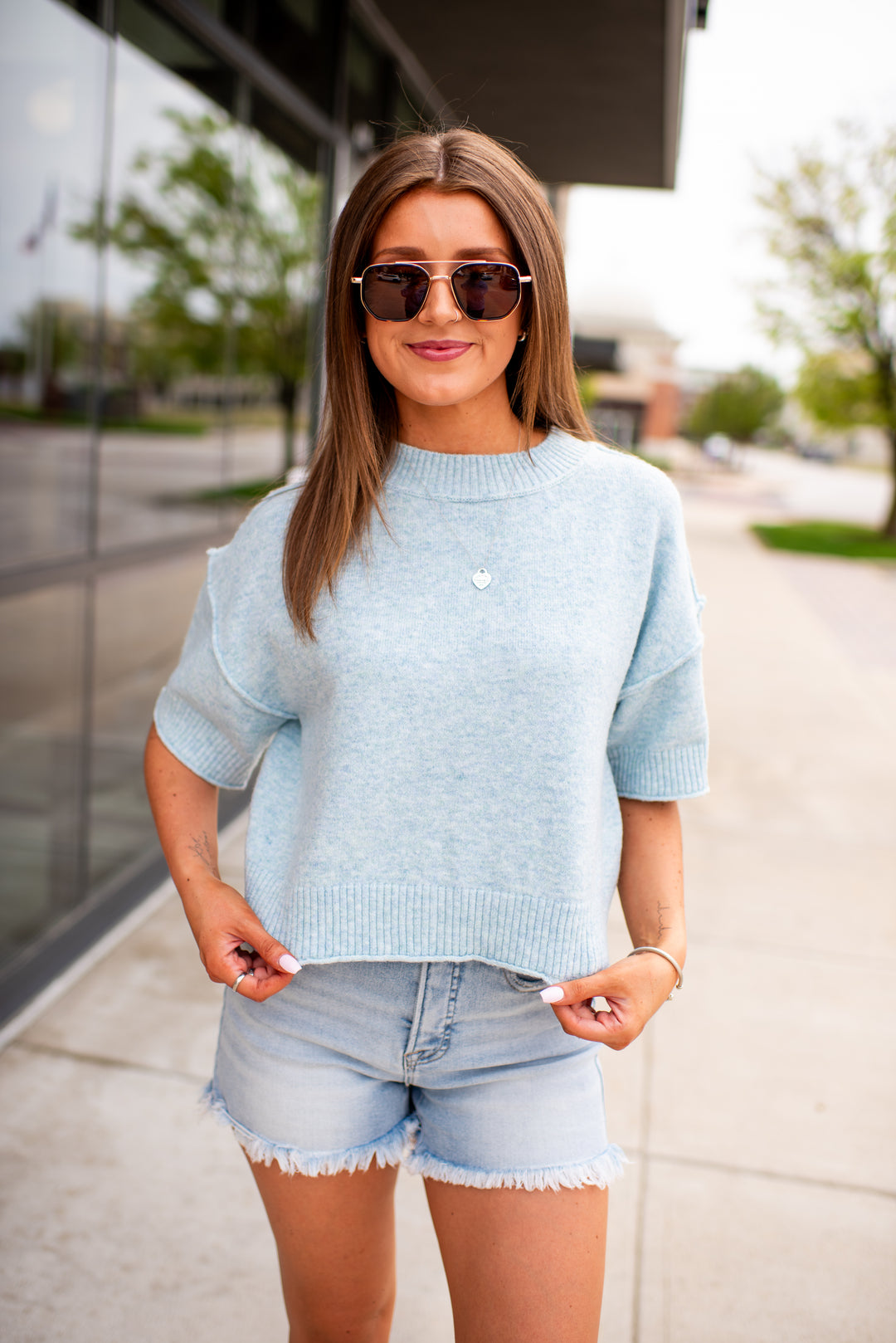 Open Sky Mock Neck Sweater Top (Sky)