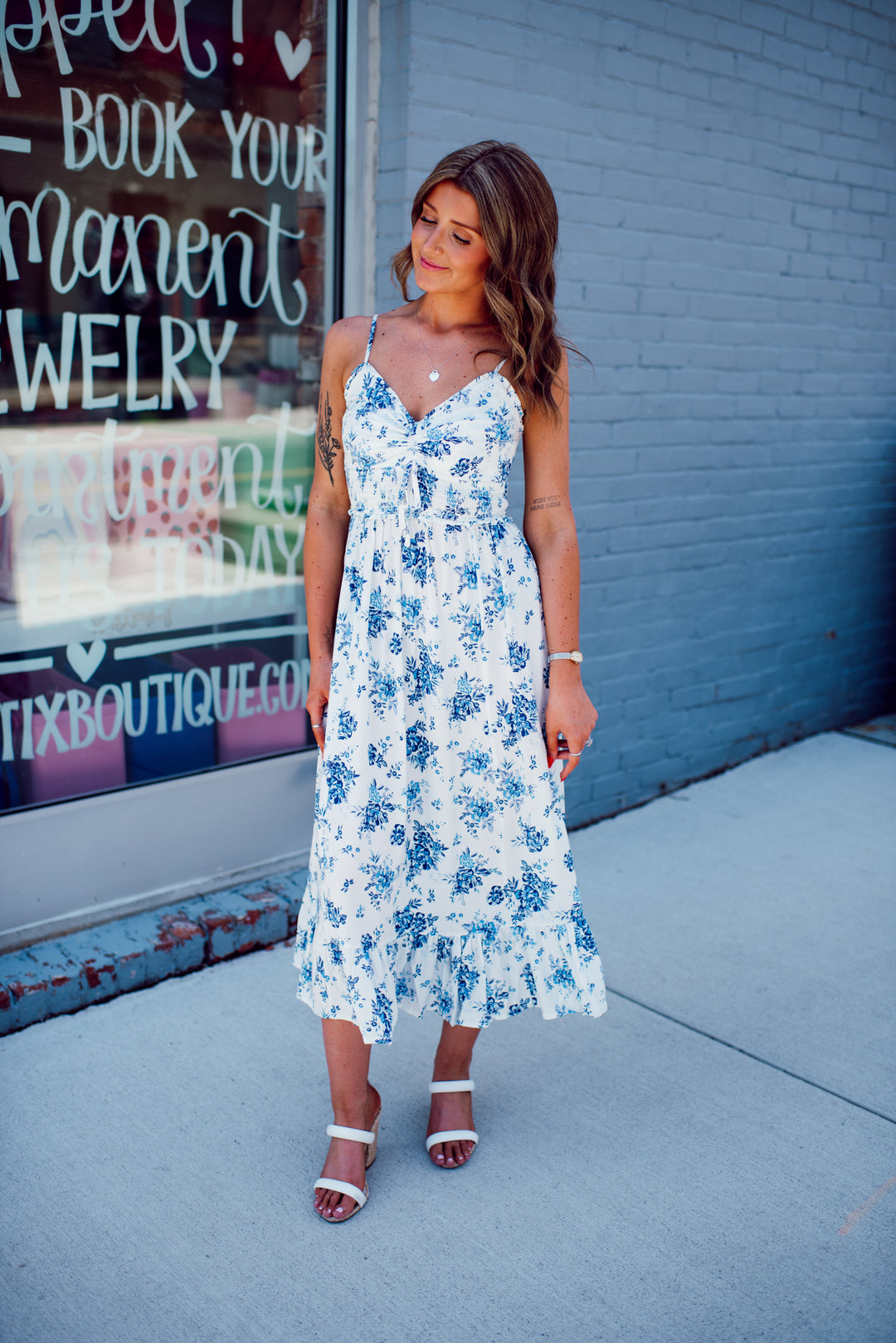 Honeymoon Bloom Midi Dress (Ivory/Blue)