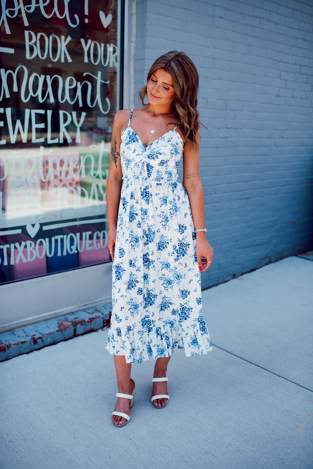 Honeymoon Bloom Midi Dress (Ivory/Blue)