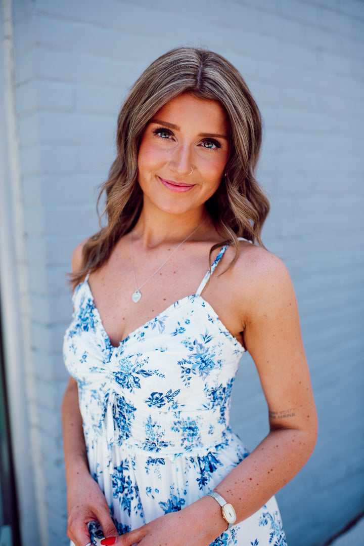 Honeymoon Bloom Midi Dress (Ivory/Blue)