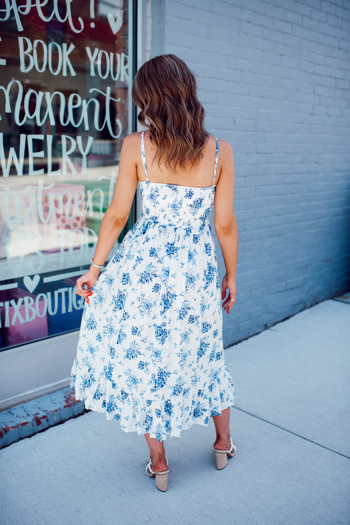 Honeymoon Bloom Midi Dress (Ivory/Blue)