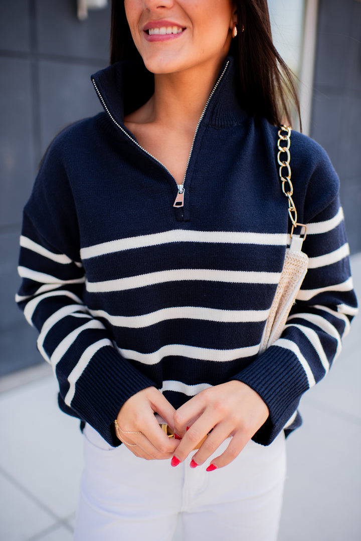 Cozy Coast Quarter Zip Sweater (Navy/Cream)