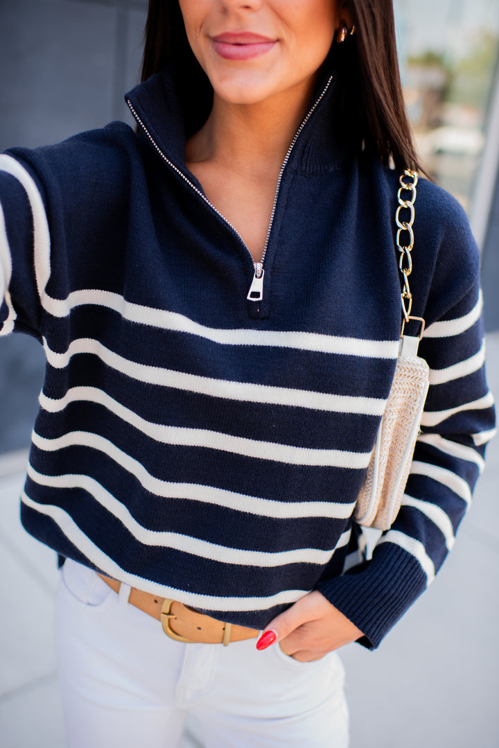 Cozy Coast Quarter Zip Sweater (Navy/Cream)