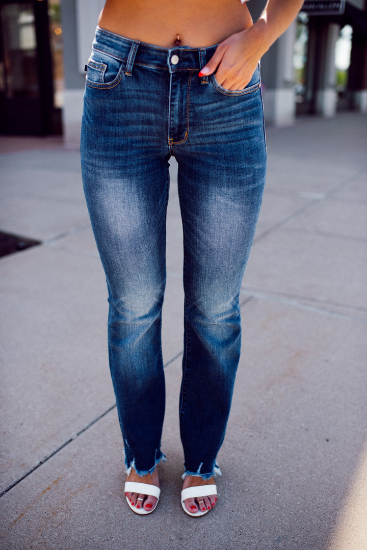 Judy Blue Charity Mid Rise Distressed Hem Bootcut Jeans (Dark Wash)
