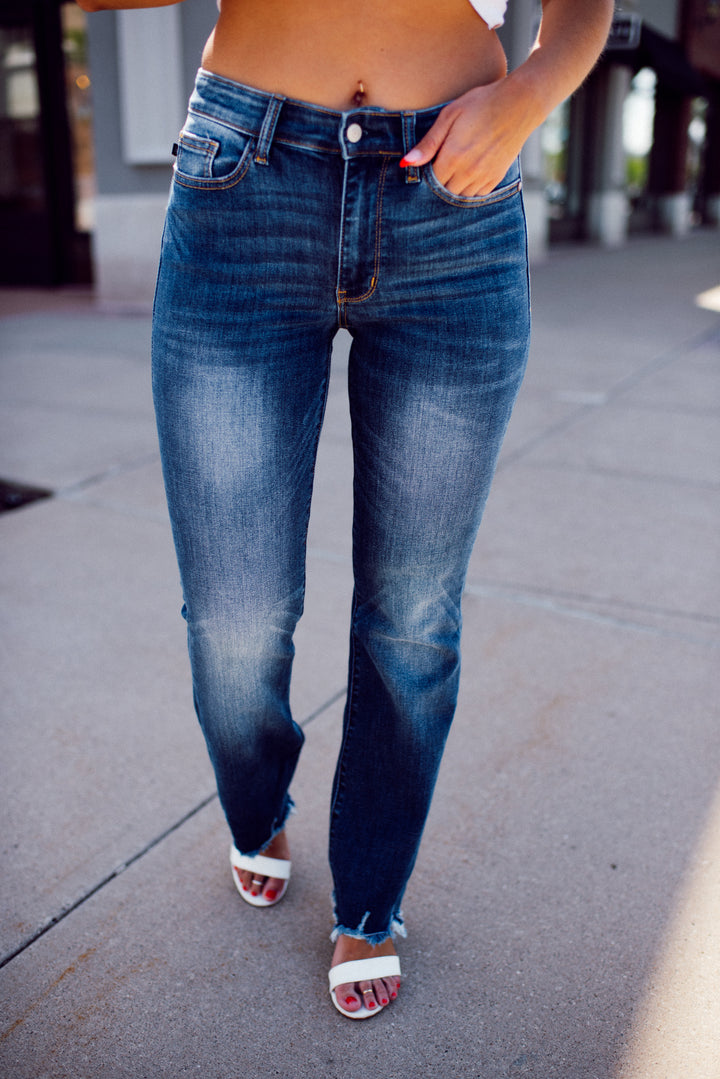 Judy Blue Charity Mid Rise Distressed Hem Bootcut Jeans (Dark Wash)