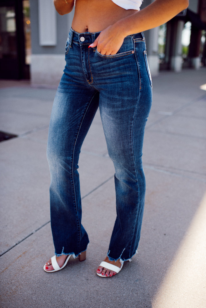 Judy Blue Charity Mid Rise Distressed Hem Bootcut Jeans (Dark Wash)