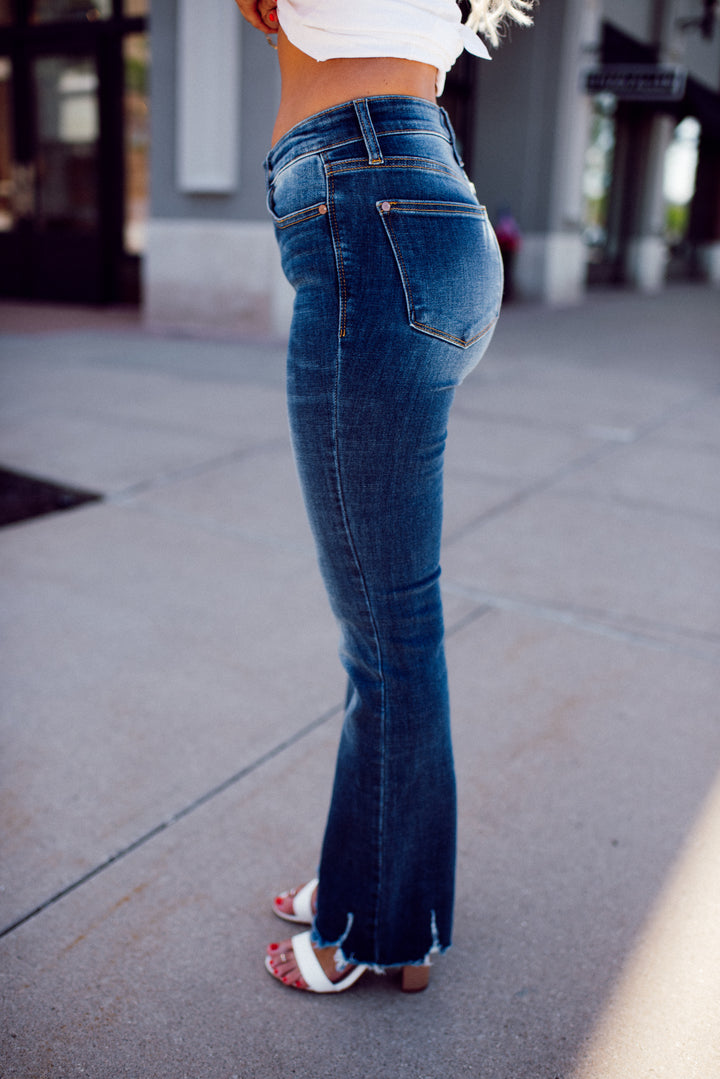 Judy Blue Charity Mid Rise Distressed Hem Bootcut Jeans (Dark Wash)