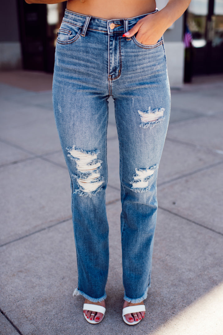 Judy Blue Rachel Destroyed Bootcut Jeans (Medium Wash)