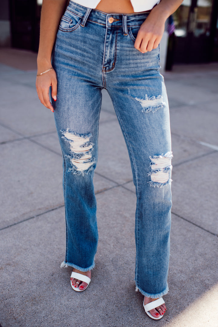 Judy Blue Rachel Destroyed Bootcut Jeans (Medium Wash)